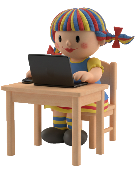 Emília estudando no computador